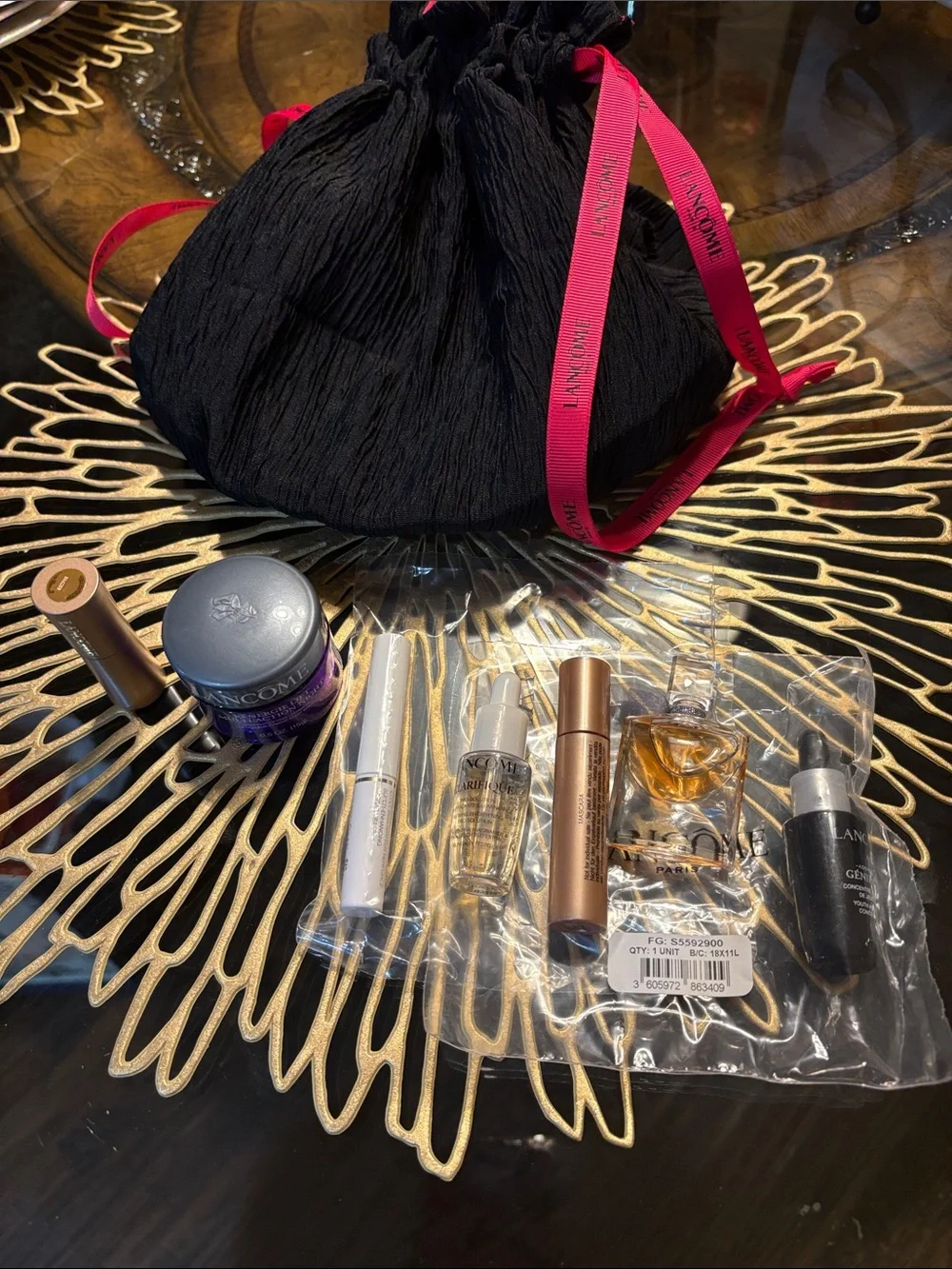 Lancome Makeup Gift Set with Black Pouch & Pink Ribbon Accents